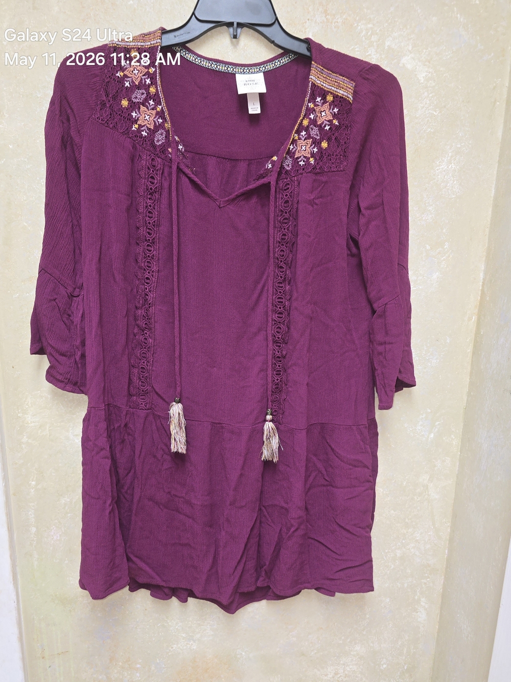 Boho Embroidered Tunic Dress in Deep Plum
